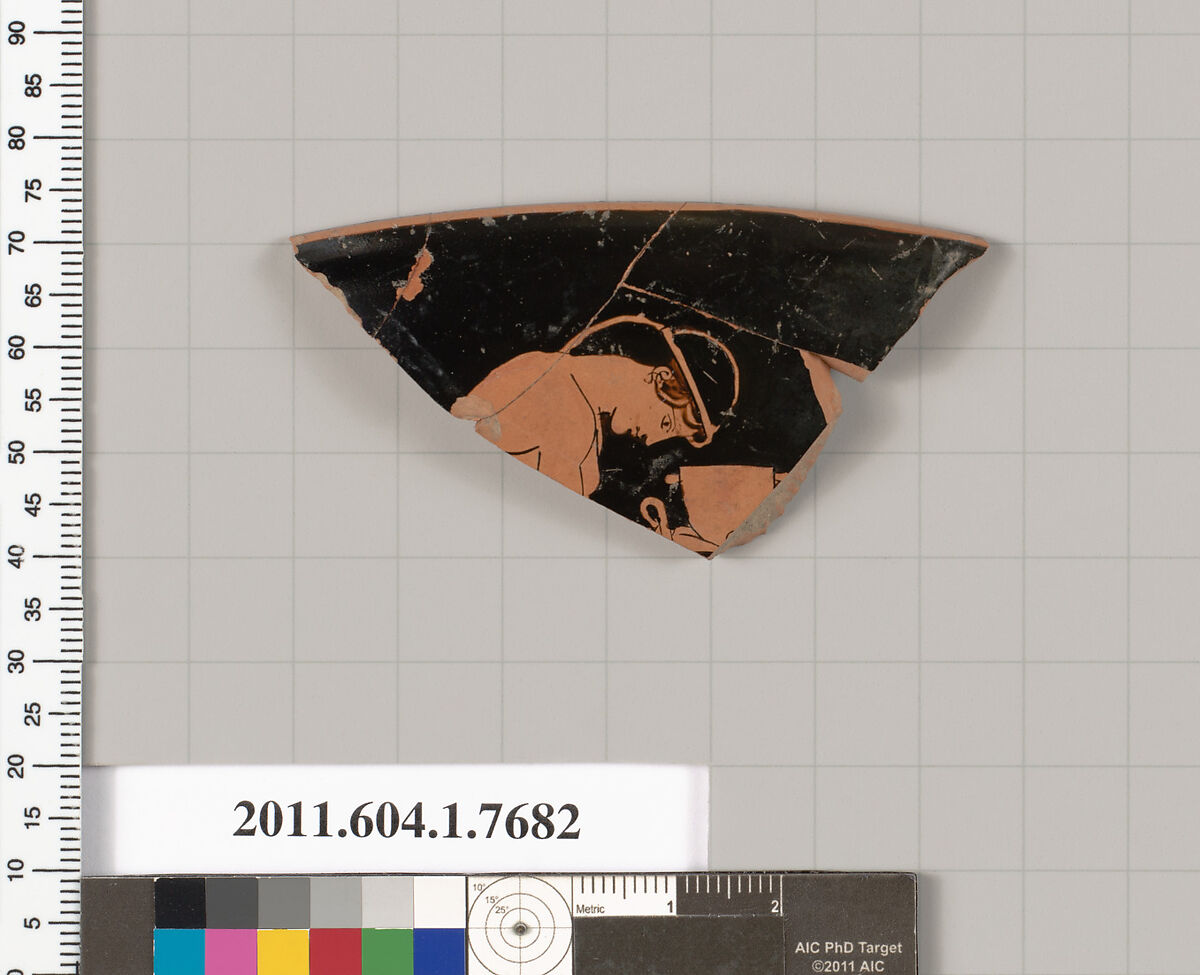 Terracotta rim fragment of a kylix (drinking cup), Terracotta, Greek, Attic 