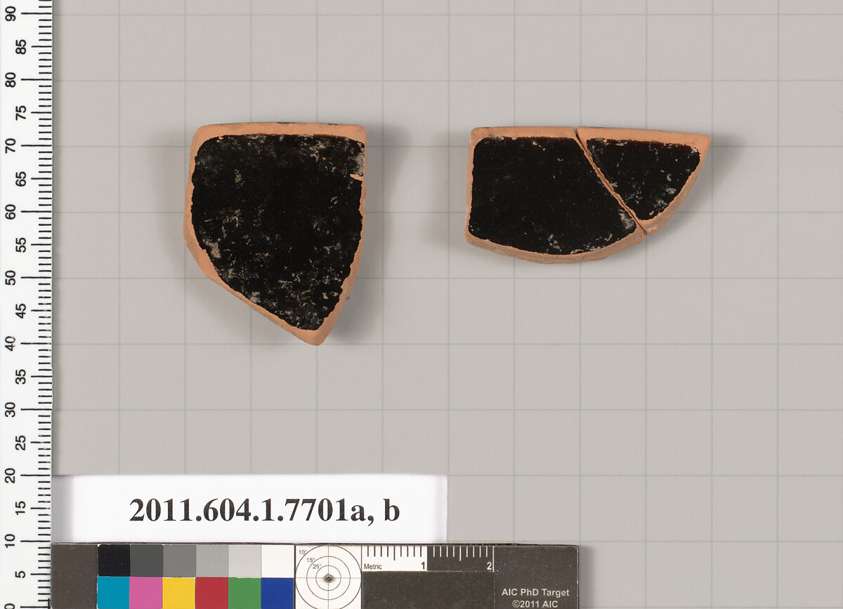 Terracotta rim fragments of a kylix (drinking cup), Terracotta, Greek, Attic