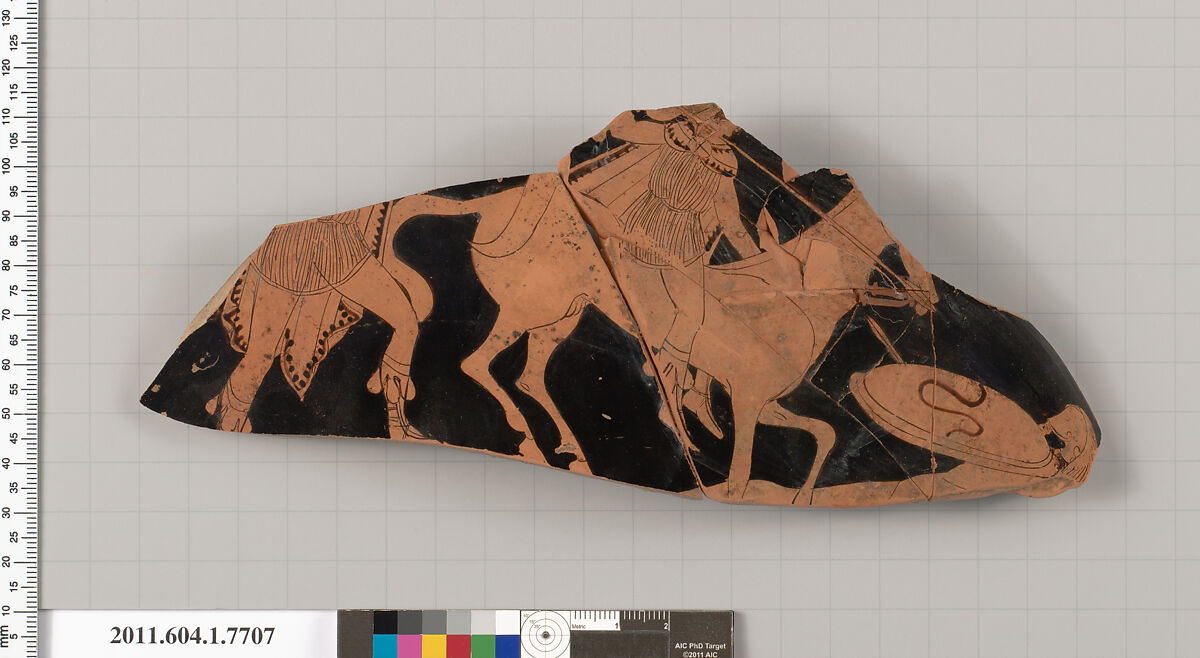 Terracotta fragment of a kylix (drinking cup), Terracotta, Greek, Attic
