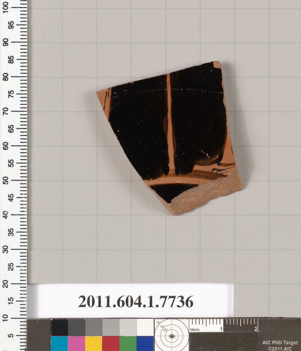 Terracotta fragment of a kylix (drinking cup), Attributed to the Orleans Painter [DvB], Terracotta, Greek, Attic