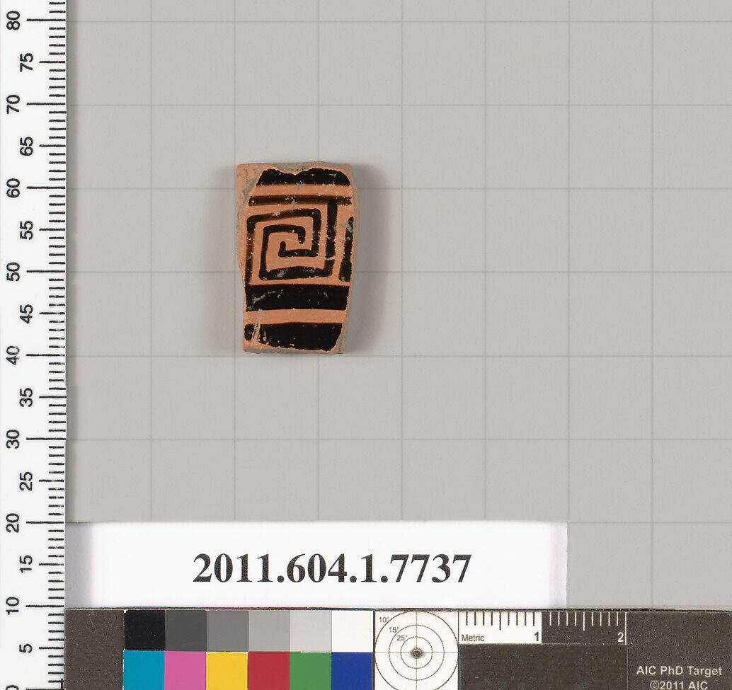 Terracotta fragment of a kylix (drinking cup), Terracotta, Greek, Attic 