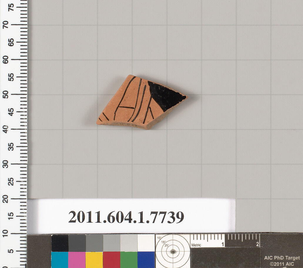 Terracotta fragment of a kylix (drinking cup), Terracotta, Greek, Attic 