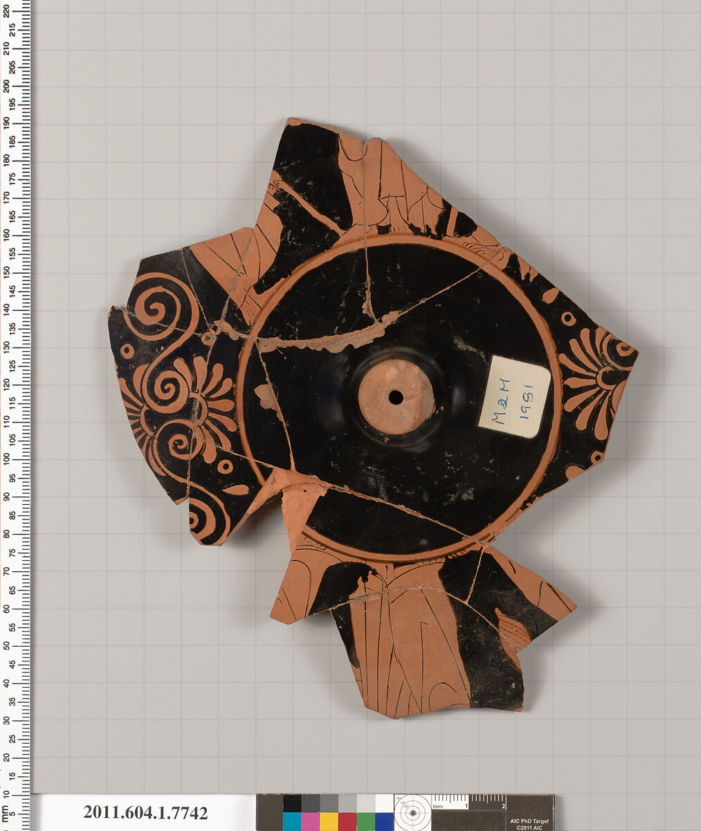 Terracotta fragment of a kylix (drinking cup), Terracotta, Greek, Attic