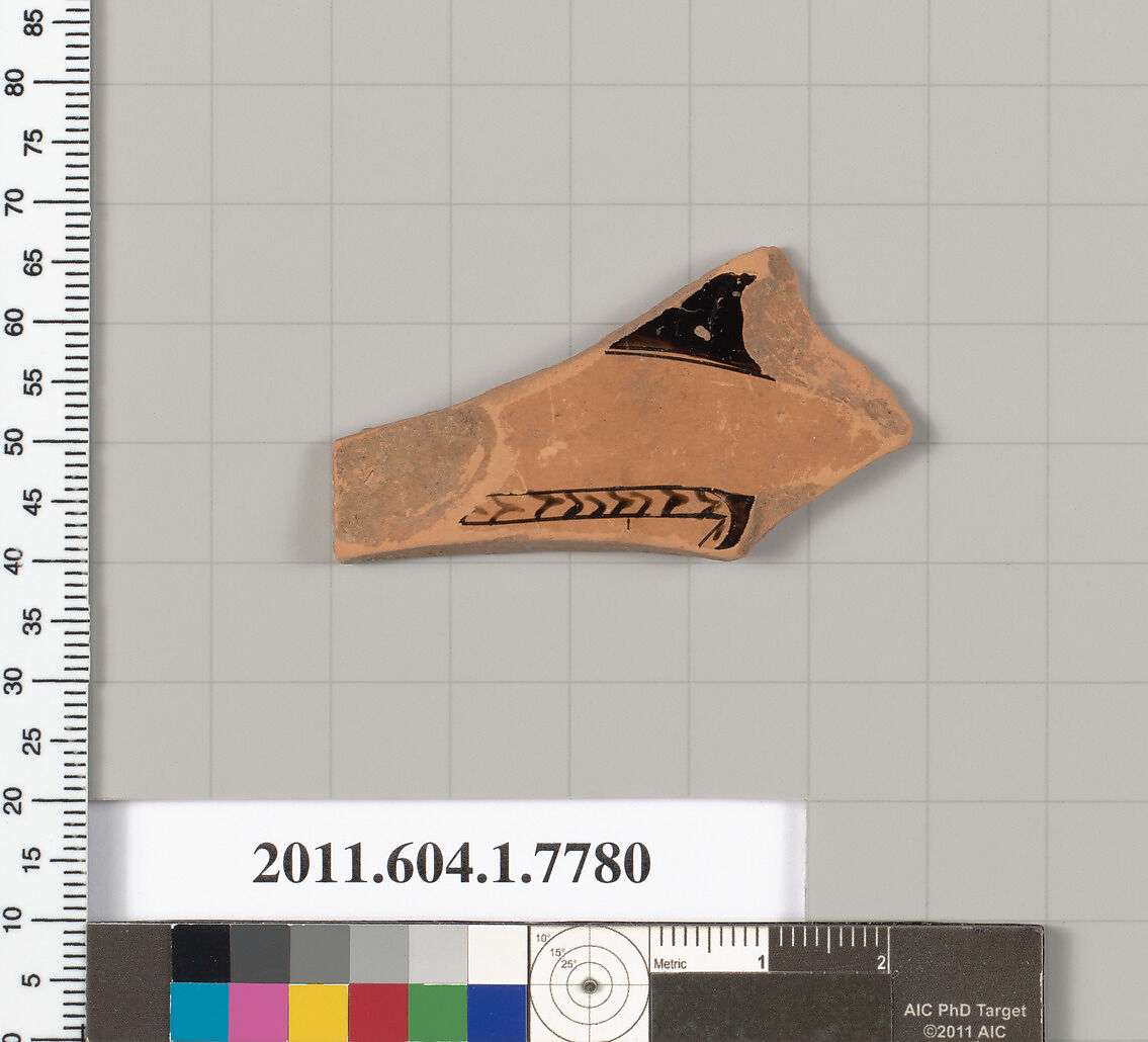 Terracotta fragment of a kylix (drinking cup), Terracotta, Greek, Attic