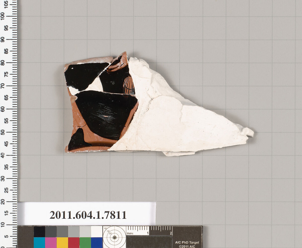Terracotta fragment of a kylix (drinking cup), Terracotta, Greek, Attic