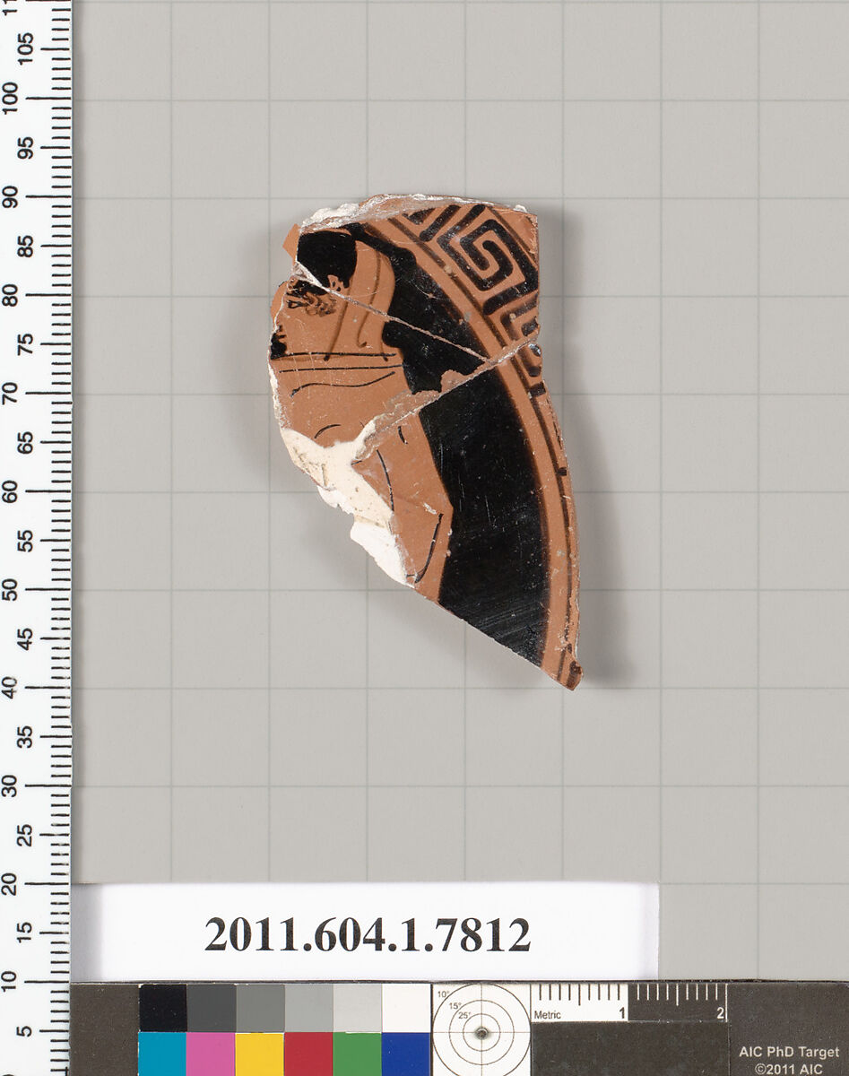 Terracotta fragment of a kylix (drinking cup), Terracotta, Greek, Attic 