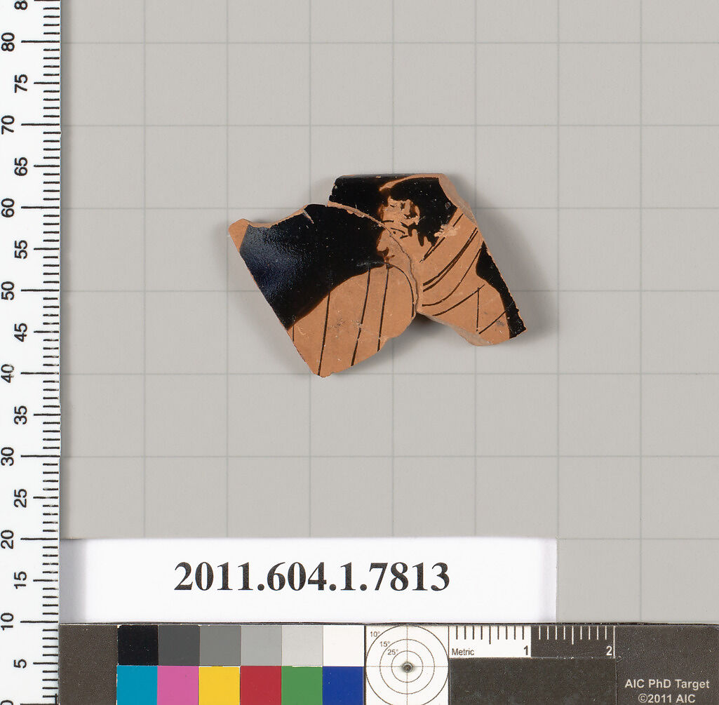 Terracotta rim fragment of a kylix (drinking cup), Terracotta, Greek, Attic 