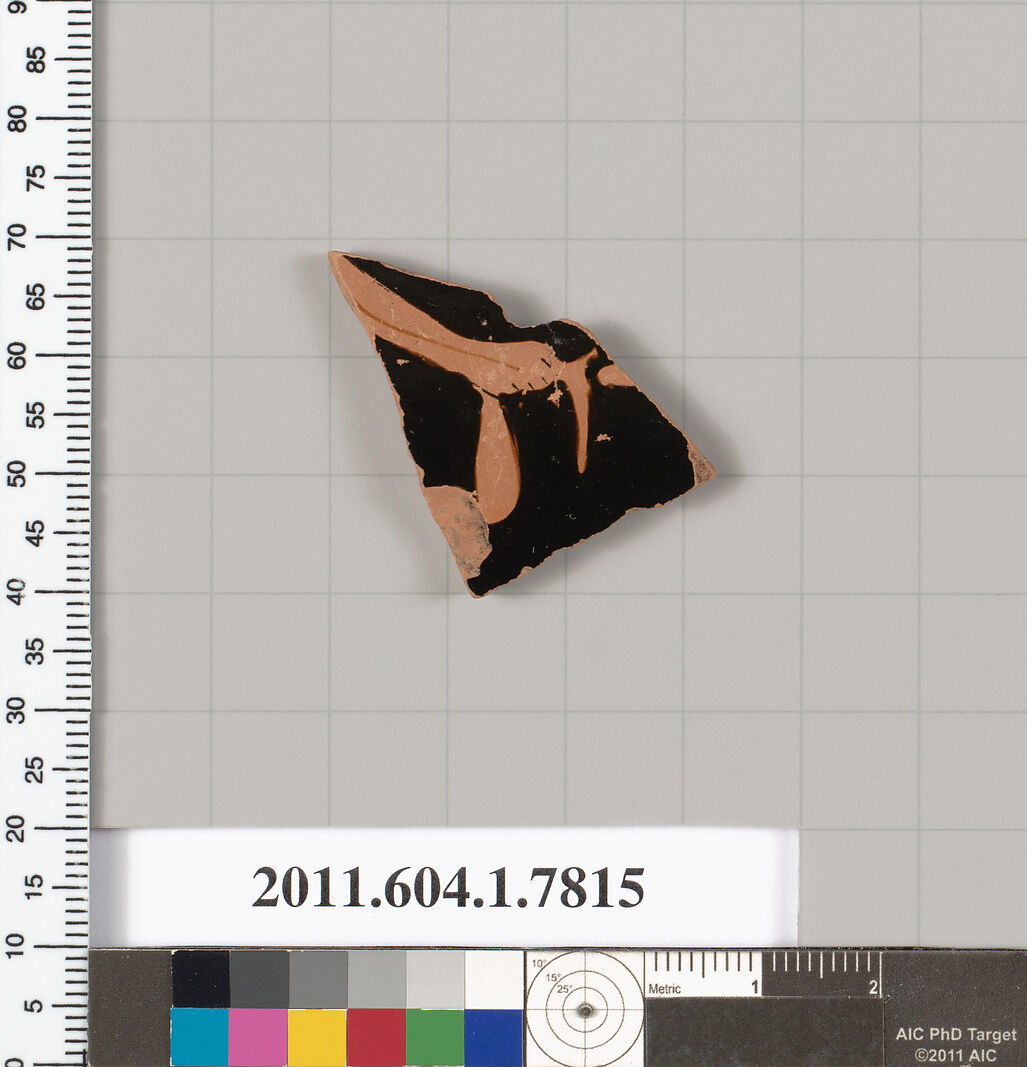 Terracotta fragment of a kylix (drinking cup), Terracotta, Greek, Attic 