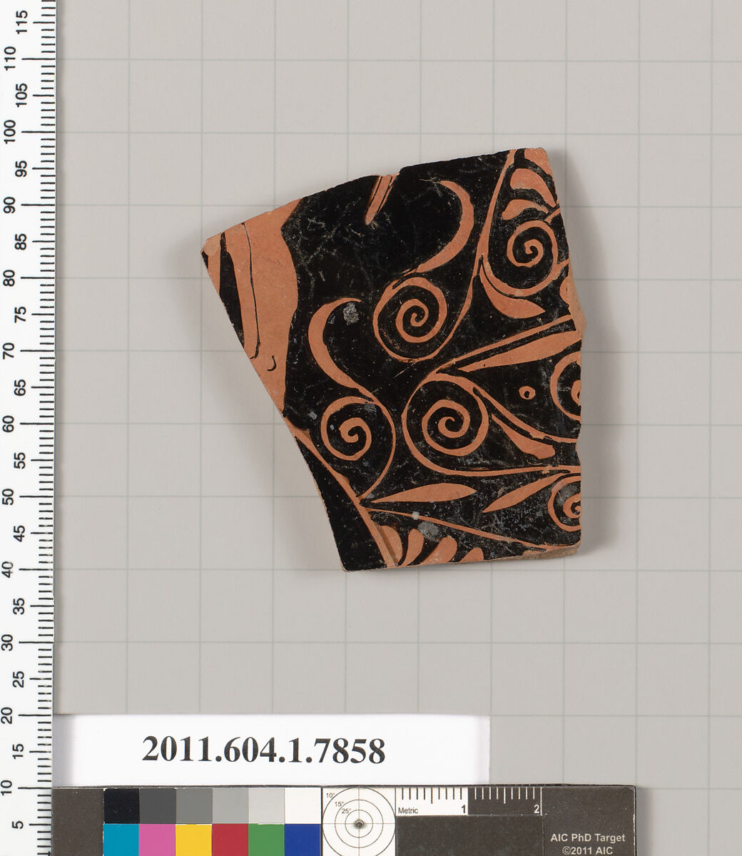 Terracotta fragment of a kylix (drinking cup), Terracotta, Greek, Attic