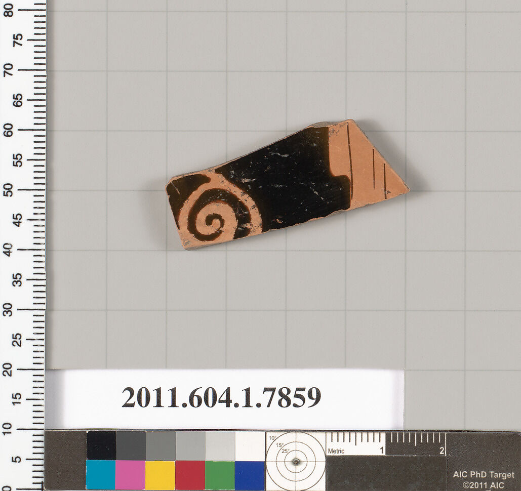 Terracotta fragment of a kylix (drinking cup), Terracotta, Greek, Attic