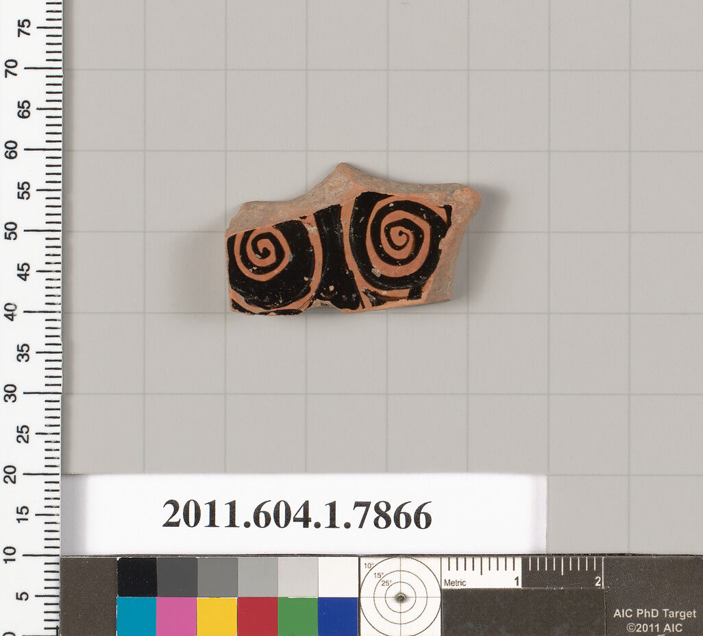 Terracotta fragment of a kylix (drinking cup), Terracotta, Greek, Attic