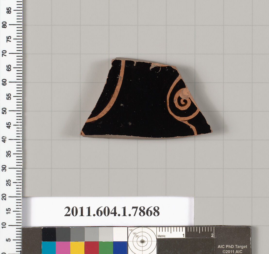 Terracotta fragment of a kylix (drinking cup), Terracotta, Greek, Attic