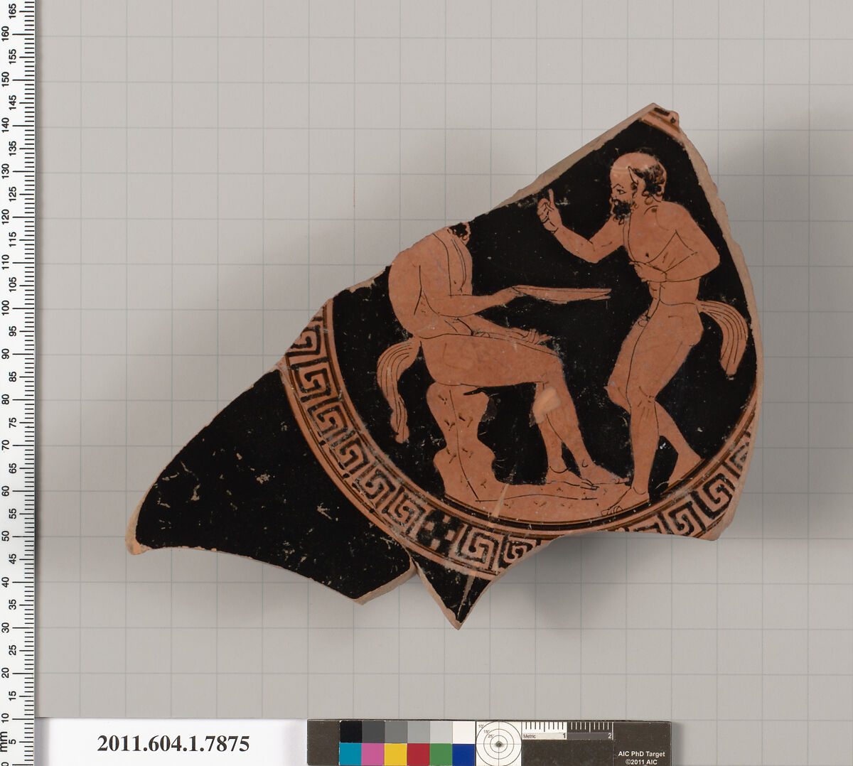 Terracotta fragment of a kylix (drinking cup), Terracotta, Greek, Attic 