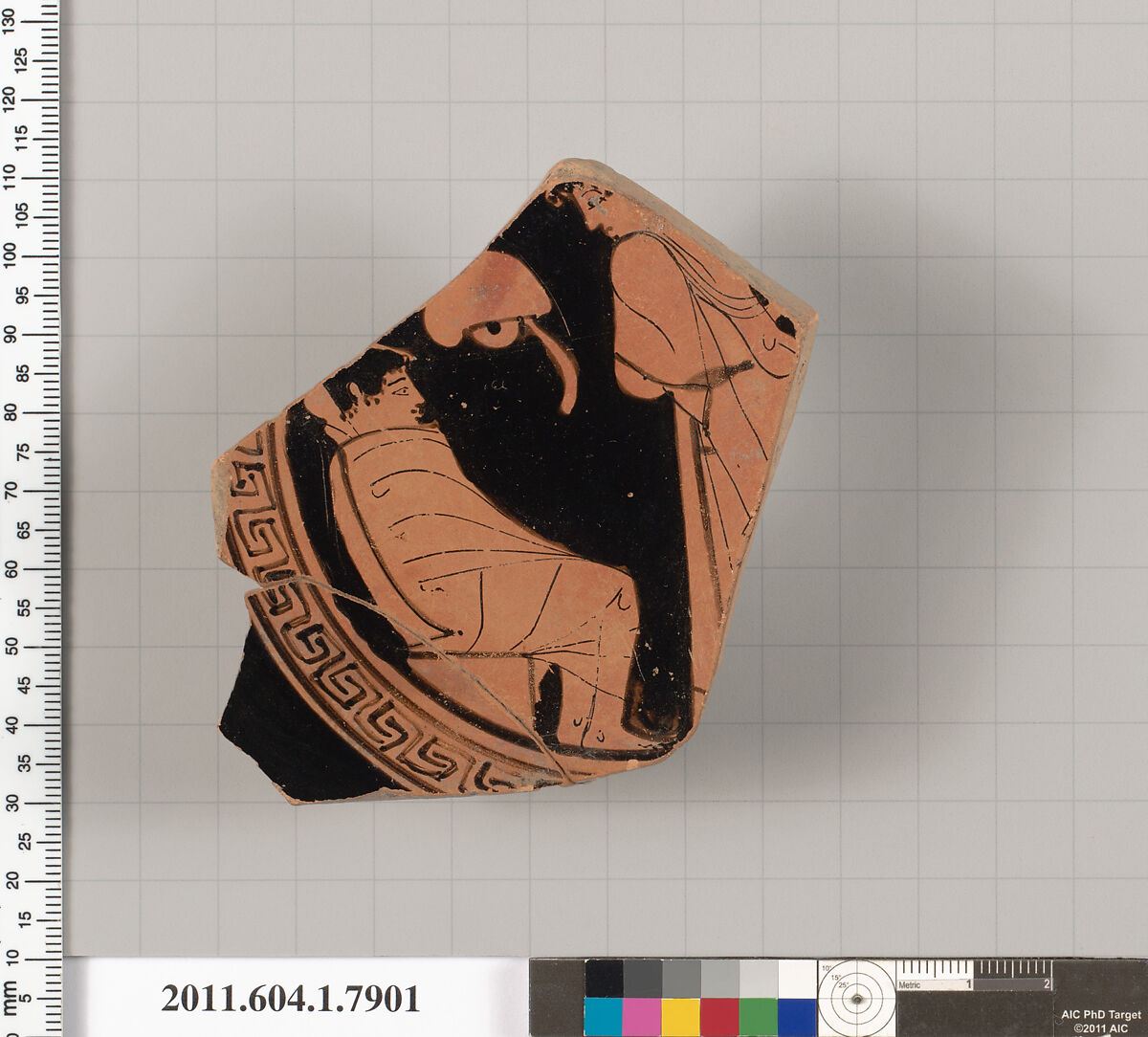 Terracotta fragment of a kylix (drinking cup), Terracotta, Greek, Attic 