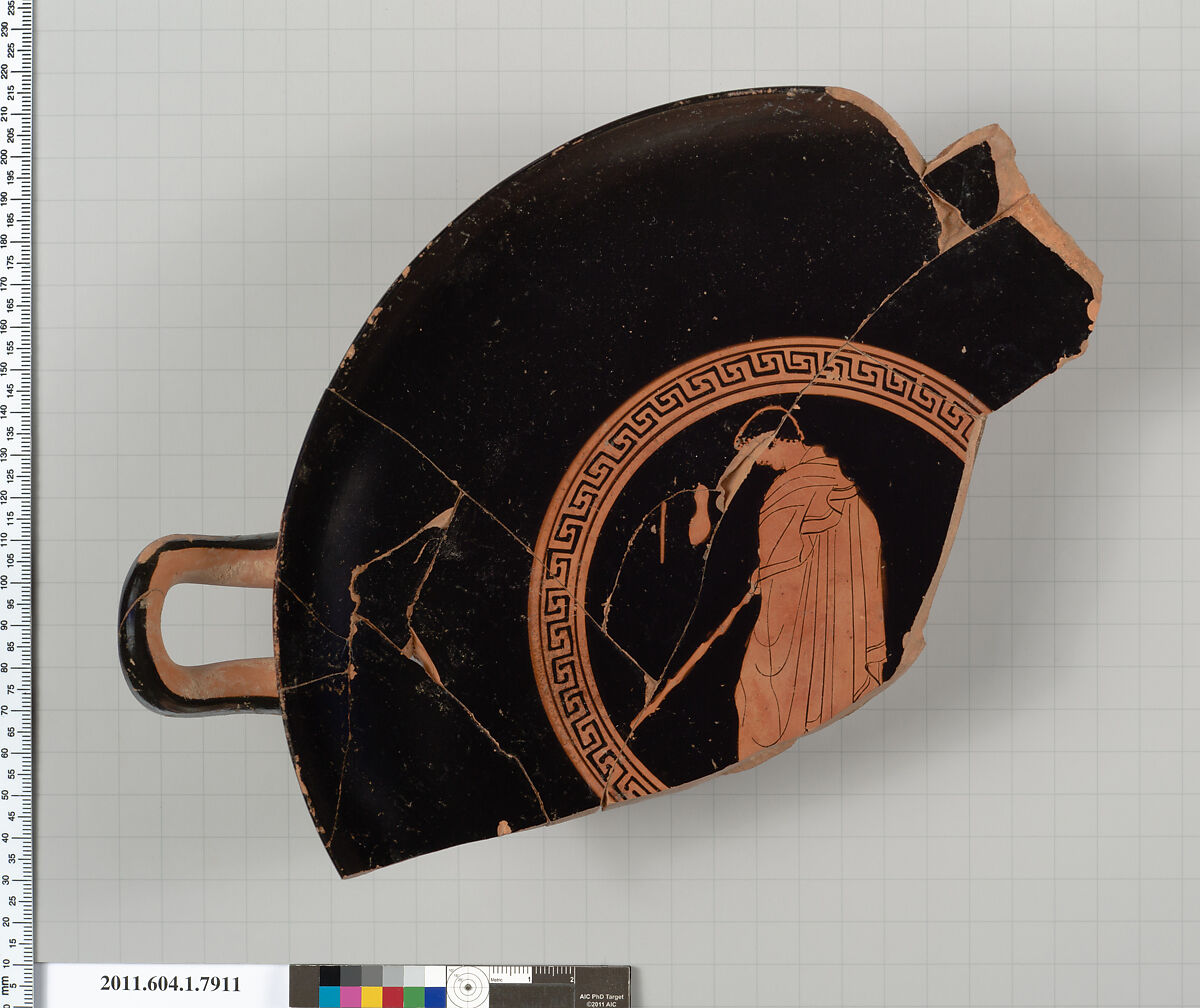 Terracotta fragment of a kylix (drinking cup), Terracotta, Greek, Attic 