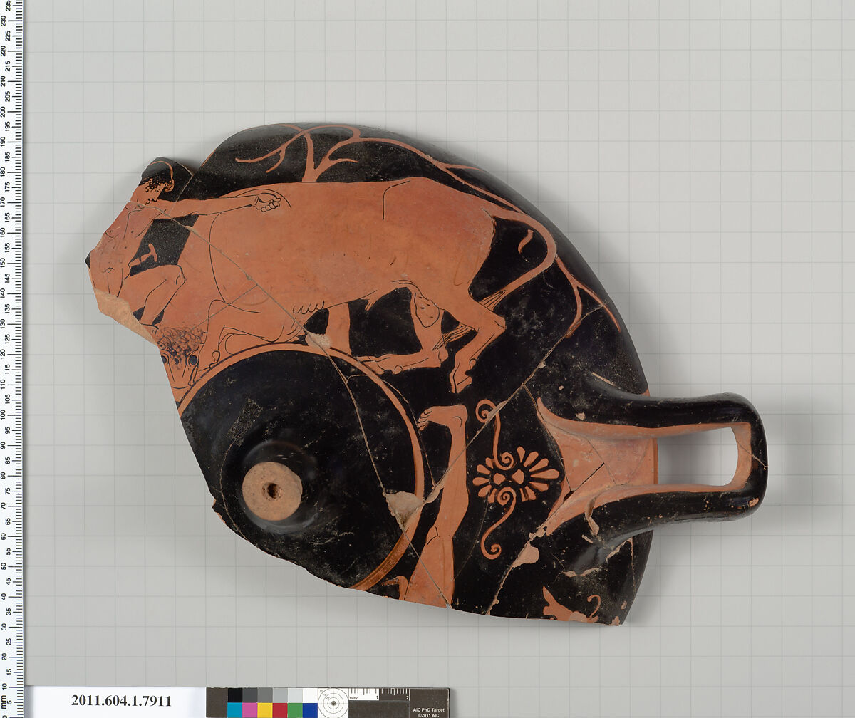 Terracotta fragment of a kylix (drinking cup), Terracotta, Greek, Attic