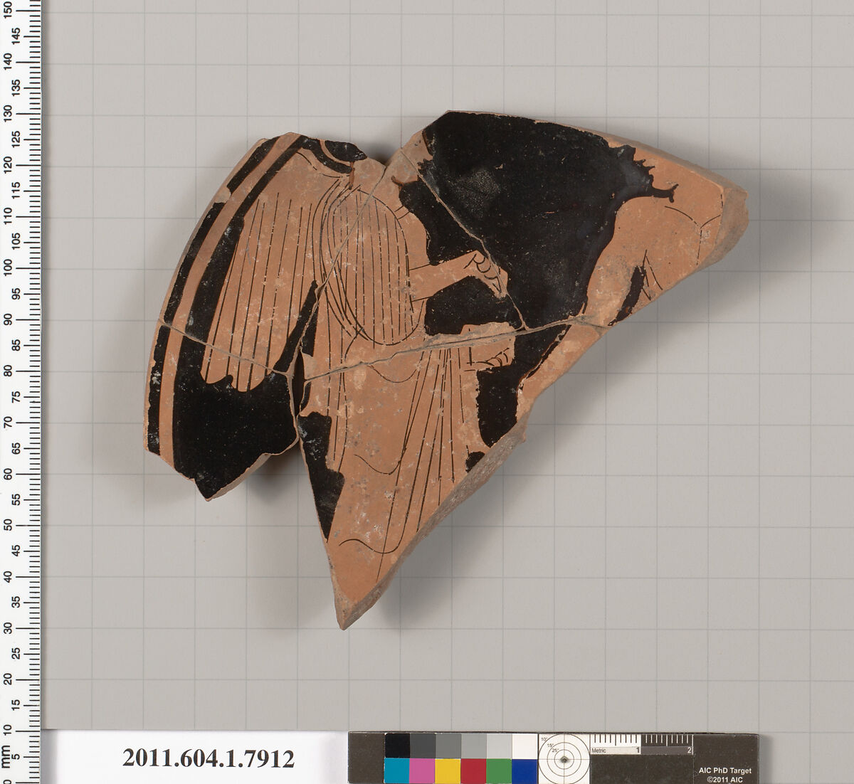 Terracotta fragment of a kylix (drinking cup), Terracotta, Greek, Attic 