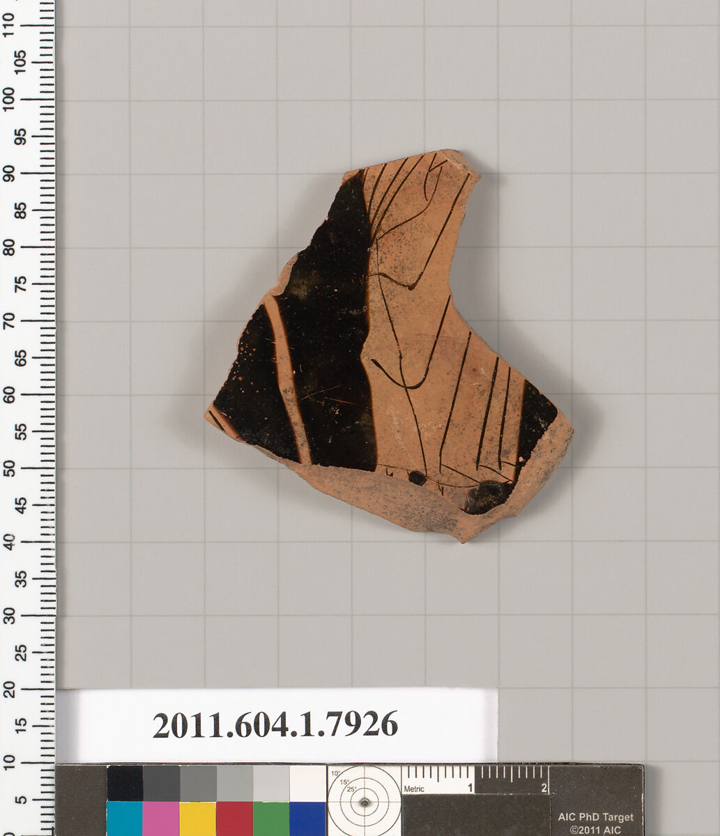 Terracotta fragment of a kylix (drinking cup), Terracotta, Greek, Attic