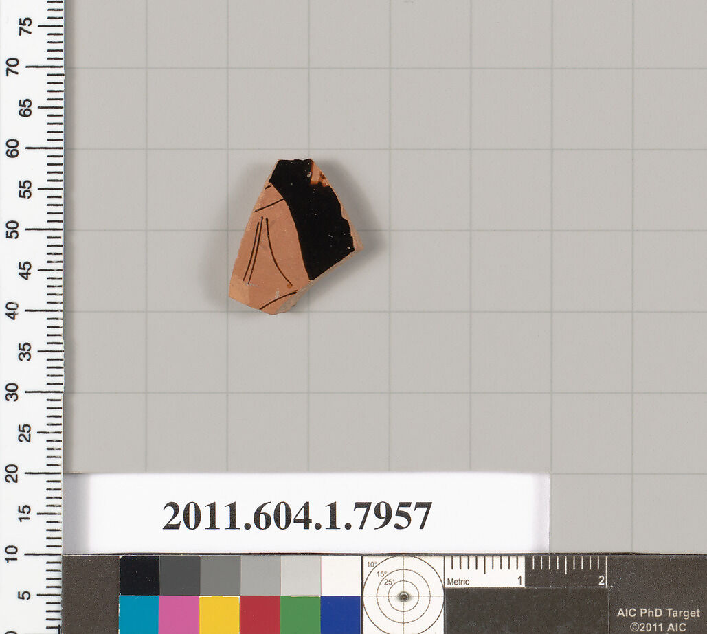 Terracotta fragment of a kylix (drinking cup), Terracotta, Greek, Attic 