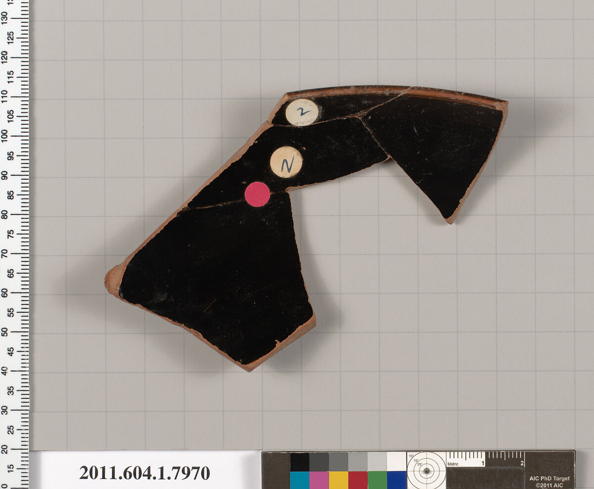 Terracotta rim fragment of a kylix (drinking cup), Terracotta, Greek, Attic