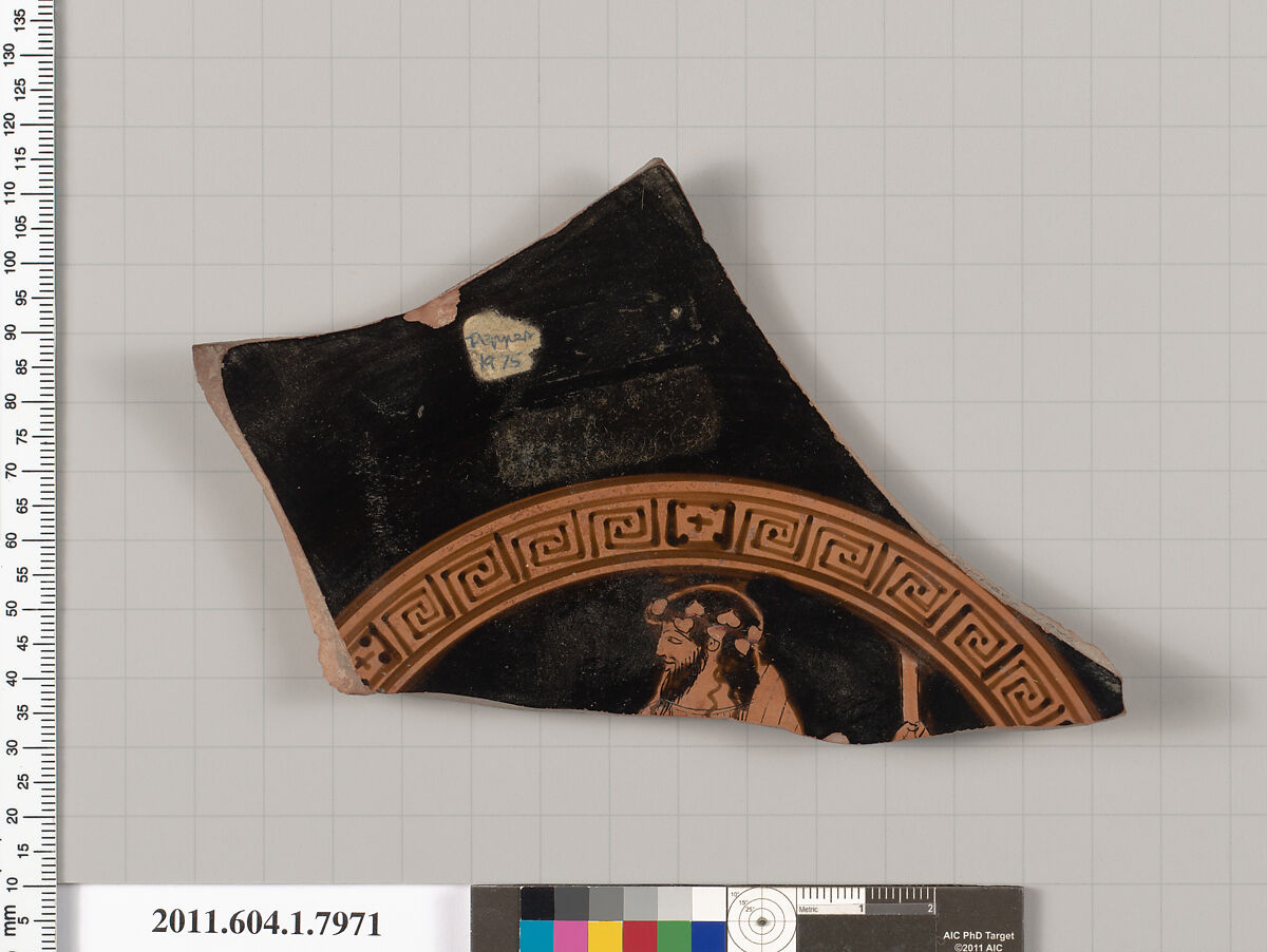 Terracotta fragment of a kylix (drinking cup), Terracotta, Greek, Attic 