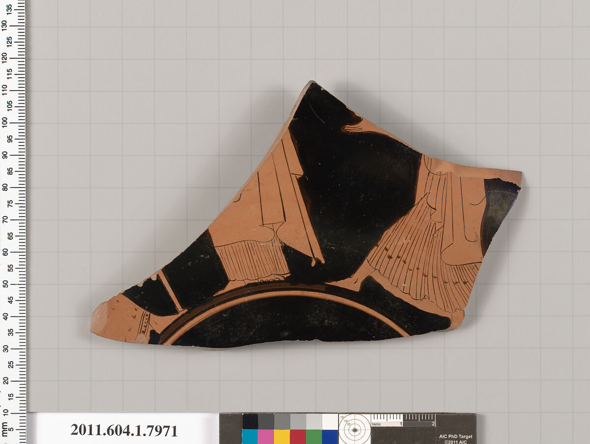 Terracotta fragment of a kylix (drinking cup), Terracotta, Greek, Attic