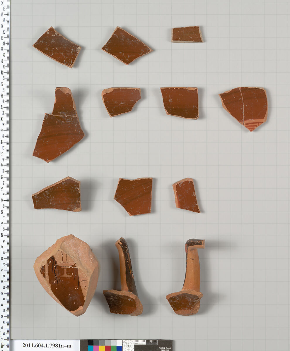 Terracotta fragments of a kylix (drinking cup), Terracotta, Greek, Attic