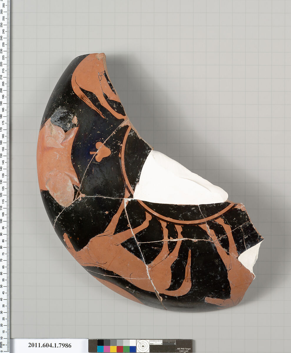 Terracotta fragment of a kylix (drinking cup), Terracotta, Greek, Attic