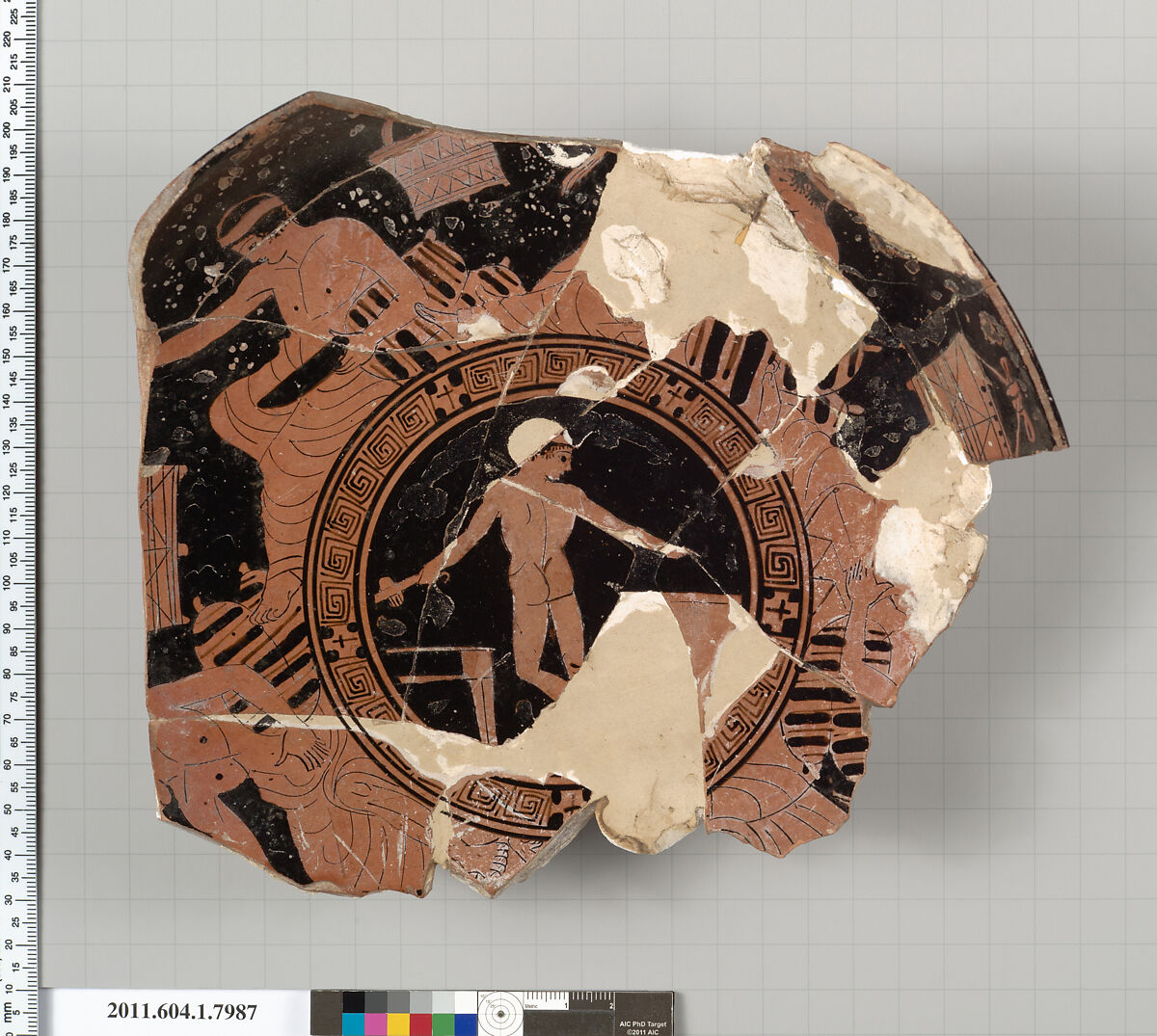 Terracotta fragment of a kylix (drinking cup), Terracotta, Greek, Attic 