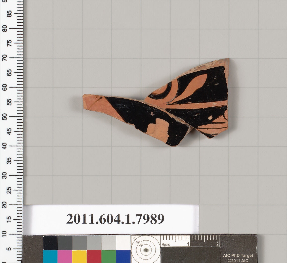 Terracotta fragment of a kylix (drinking cup), Terracotta, Greek, Attic