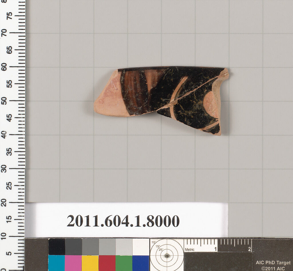Terracotta rim fragment of a kylix (drinking cup), Terracotta, Greek, Attic 