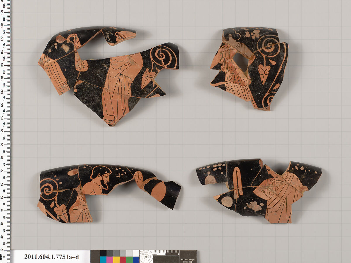 Terracotta rim fragments of a kylix (drinking cup), Terracotta, Greek, Attic