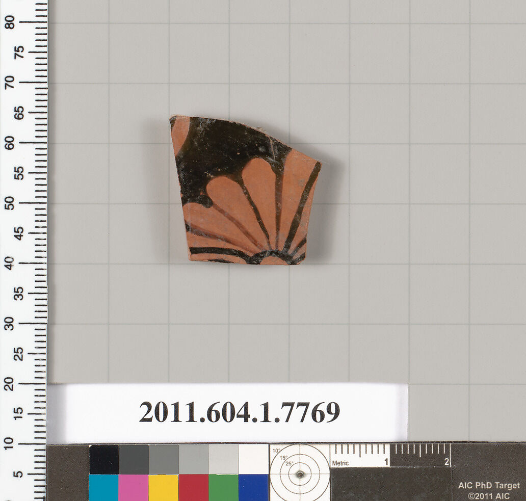Terracotta fragment of a kylix (drinking cup), Terracotta, Greek, Attic