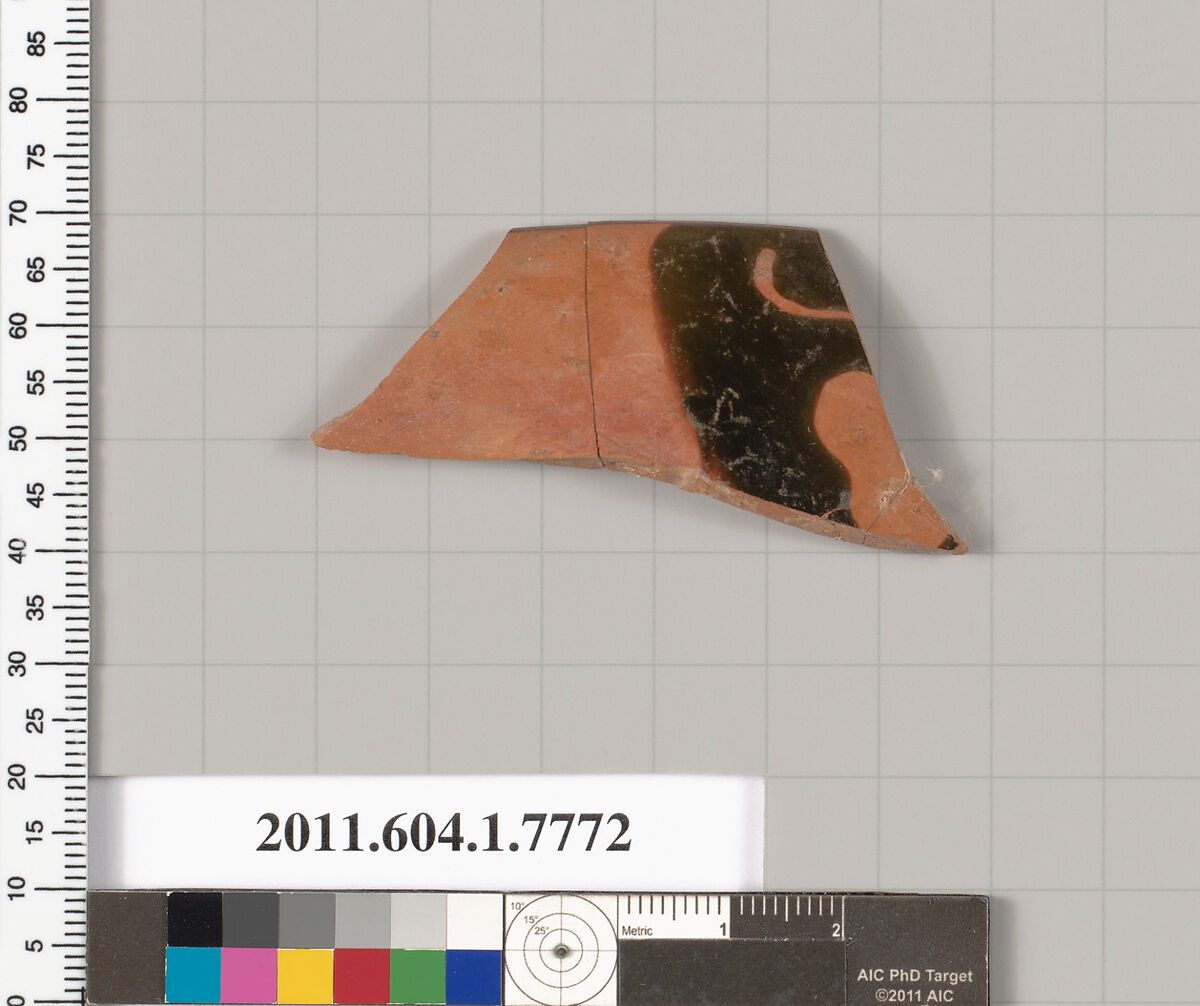 Terracotta rim fragment of a kylix (drinking cup), Terracotta, Greek, Attic 