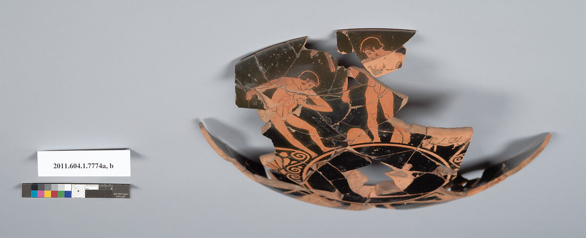 Terracotta fragment of a kylix (drinking cup), Terracotta, Greek, Attic