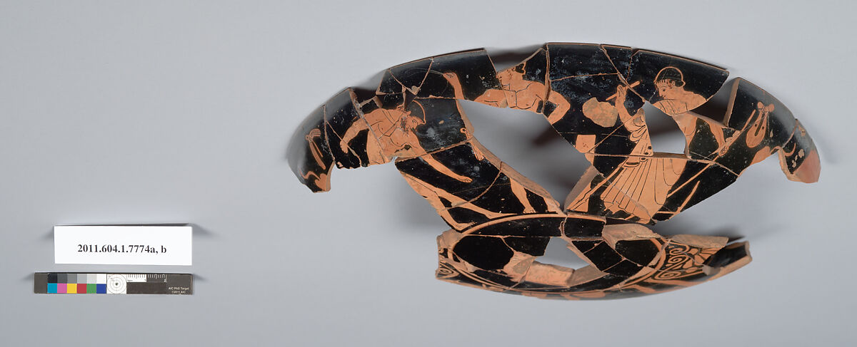 Terracotta fragment of a kylix (drinking cup), Terracotta, Greek, Attic