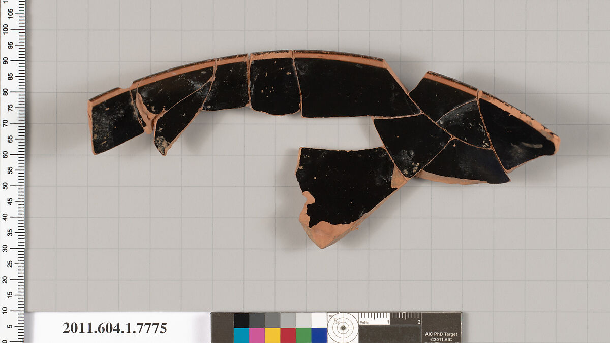 Terracotta rim fragment of a kylix (drinking cup), Terracotta, Greek, Attic