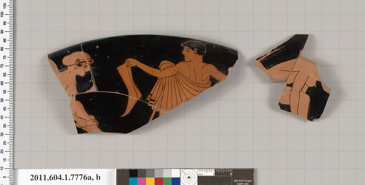 Terracotta rim fragments of a kylix (drinking cup), Terracotta, Greek, Attic 