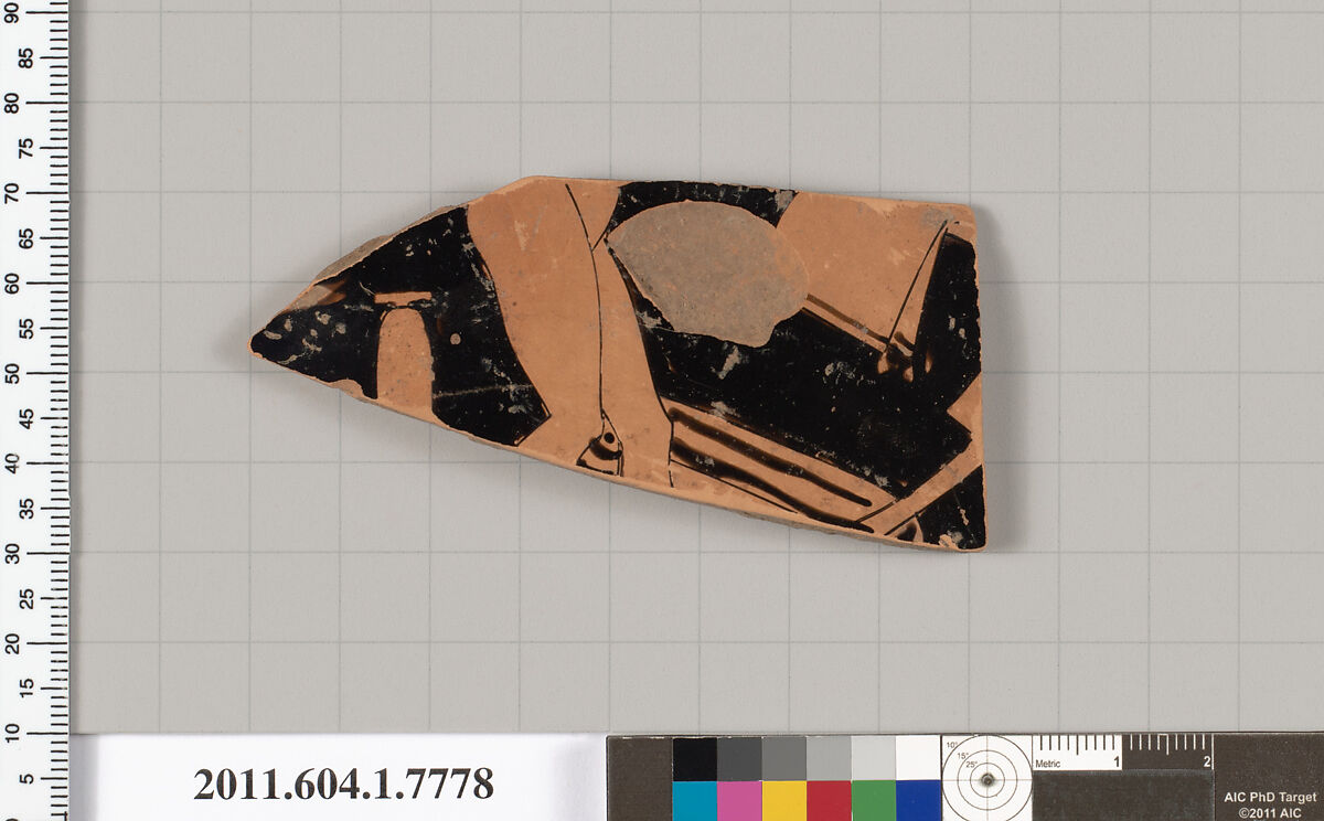 Terracotta fragment of a kylix (drinking cup), Terracotta, Greek, Attic