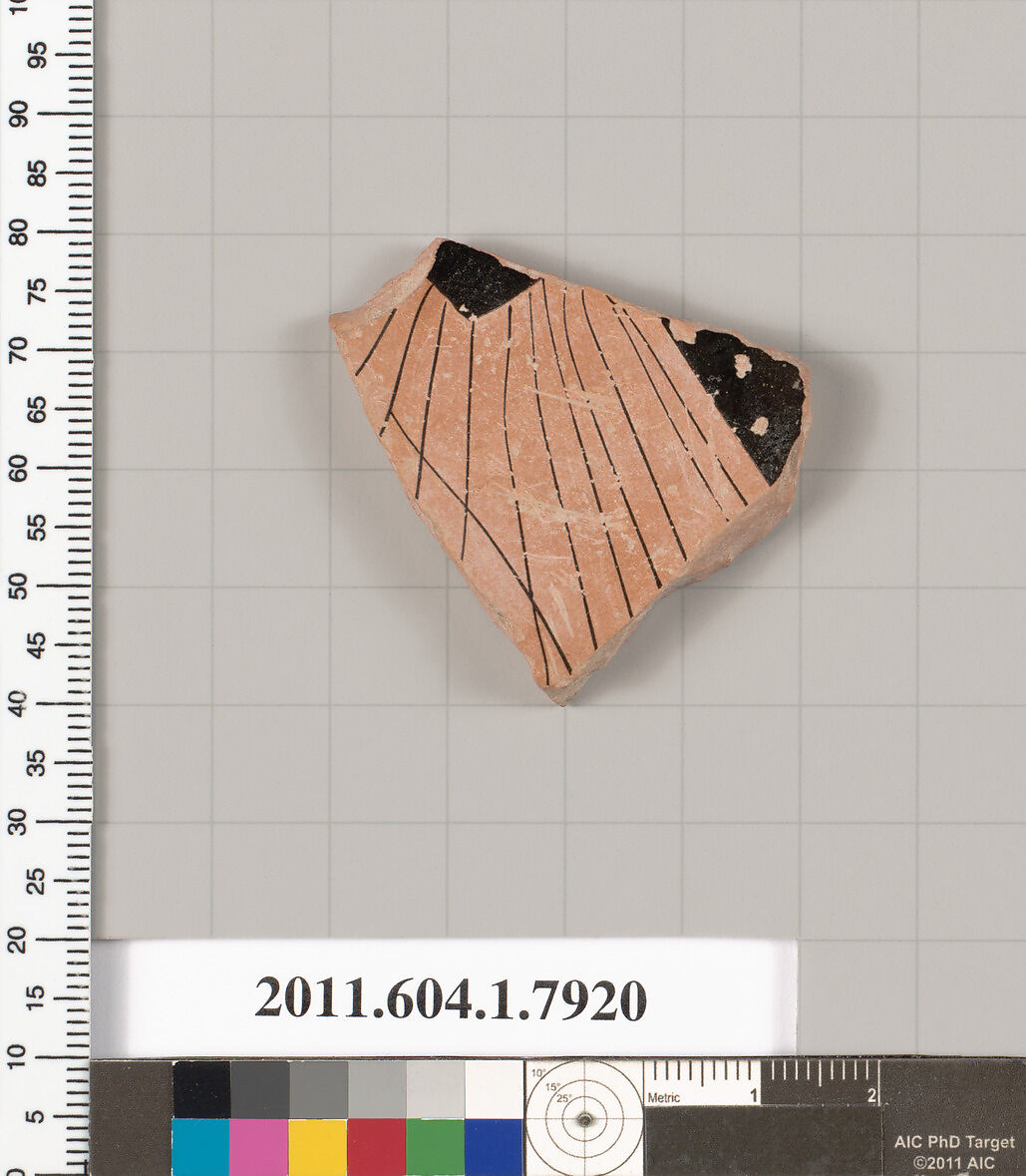 Terracotta fragment of a kylix (drinking cup), Terracotta, Greek, Attic 