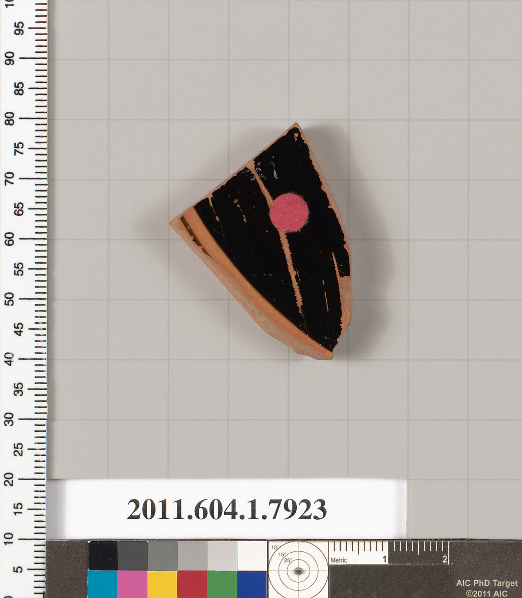Terracotta fragment of a kylix (drinking cup), Terracotta, Greek, Attic