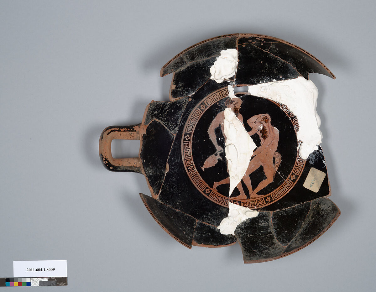 Terracotta fragment of a kylix (drinking cup), Terracotta, Greek, Attic 