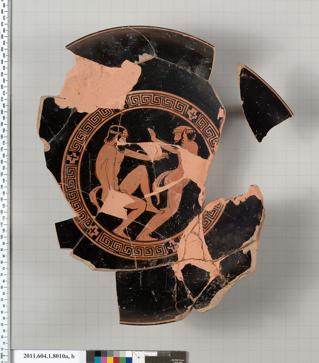 Terracotta fragments of a kylix (drinking cup), Terracotta, Greek, Attic 