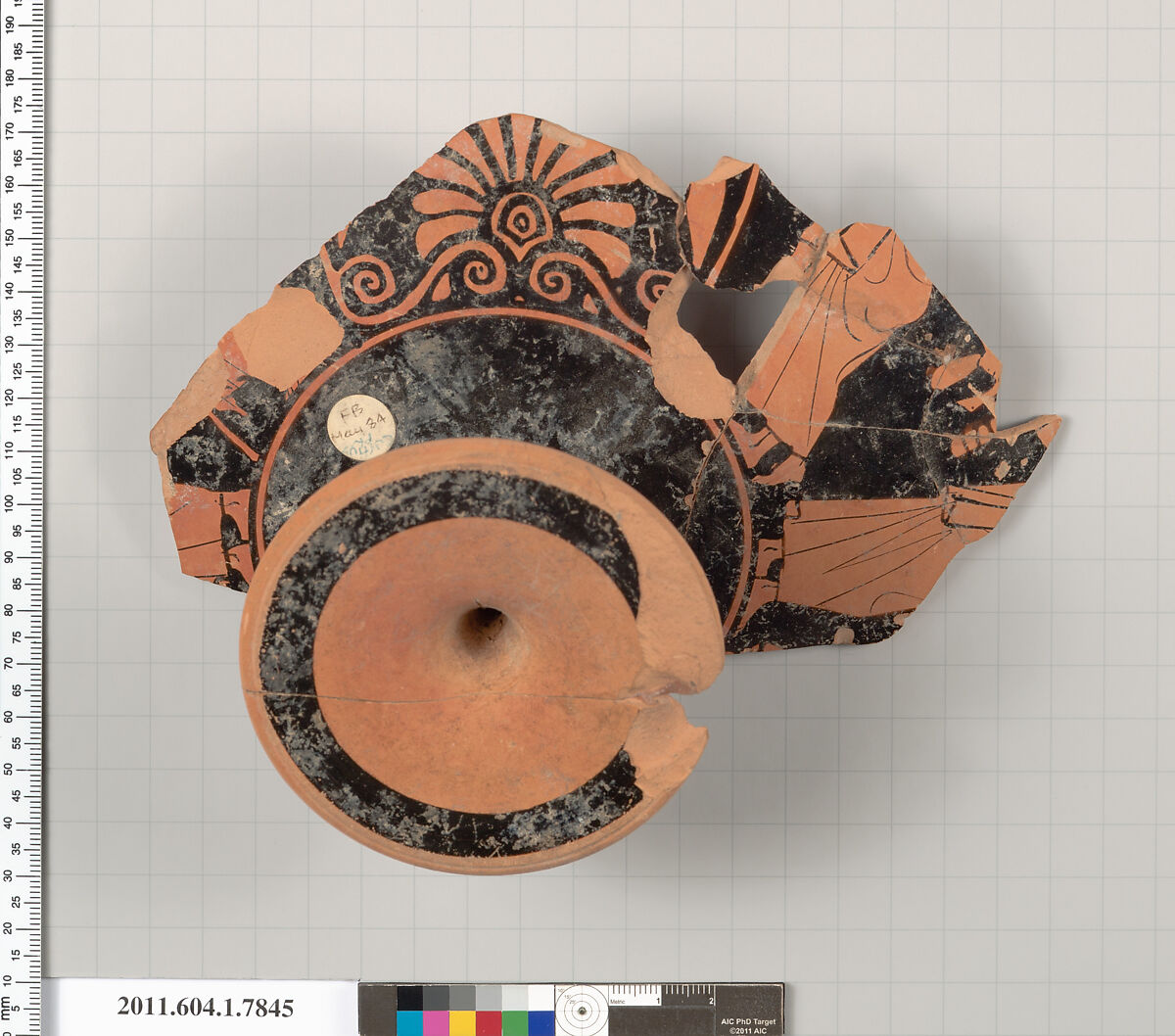 Terracotta fragment of a kylix (drinking cup), Attributed to the Curtius Painter [DvB], Terracotta, Greek, Attic
