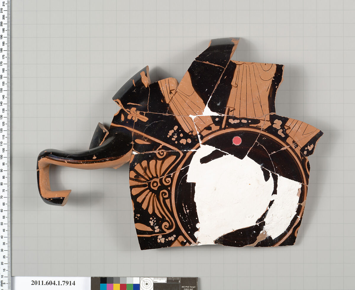 Terracotta fragment of a kylix (drinking cup), Attributed to the Curtius Painter [DvB], Terracotta, Greek, Attic