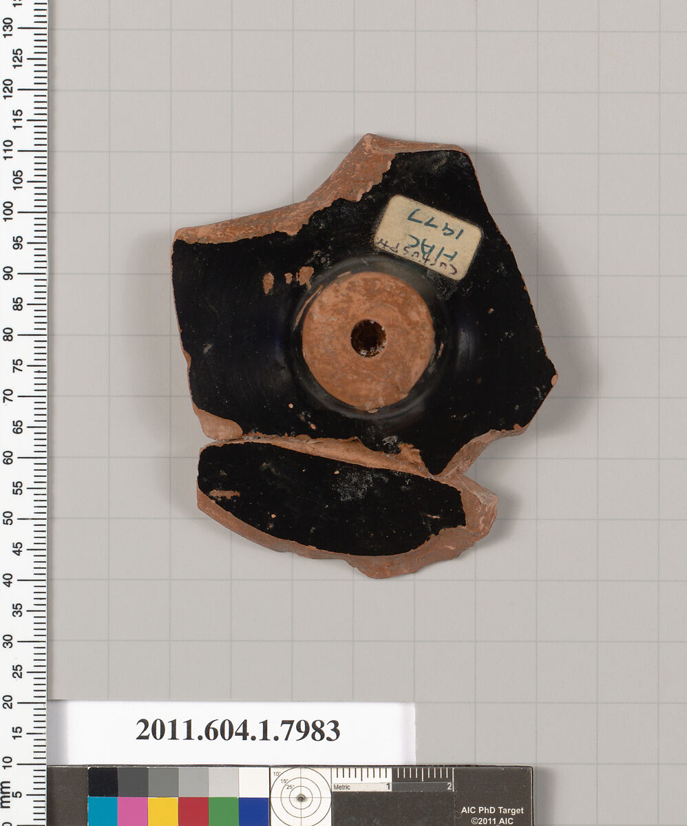 Terracotta fragment of a kylix (drinking cup), Attributed to the Curtius Painter, Terracotta, Greek, Attic