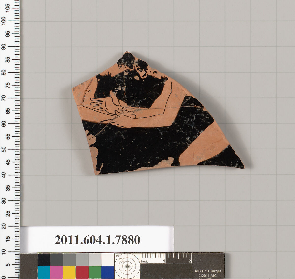 Terracotta fragment of a kylix (drinking cup), Attributed to the Veii Painter [Robert Guy], Terracotta, Greek, Attic