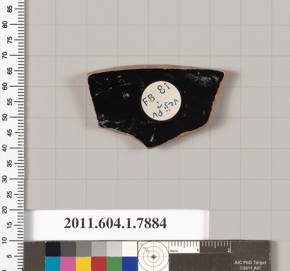 Terracotta fragment of a kylix (drinking cup), Attributed to the Veii Painter [DvB], Terracotta, Greek, Attic