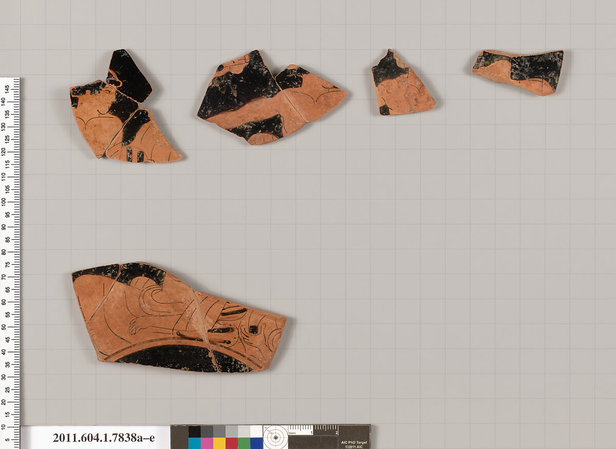 Terracotta fragments of a kylix (drinking cup), Attributed to the Tarquinia Painter [DvB], Terracotta, Greek, Attic