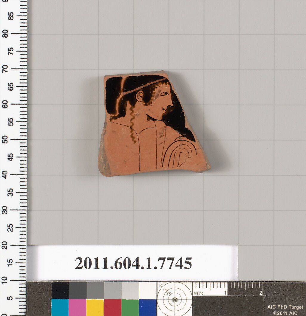 Terracotta fragment of a kylix (drinking cup), Attributed as Close to the Clinic Painter [DvB], Terracotta, Greek, Attic